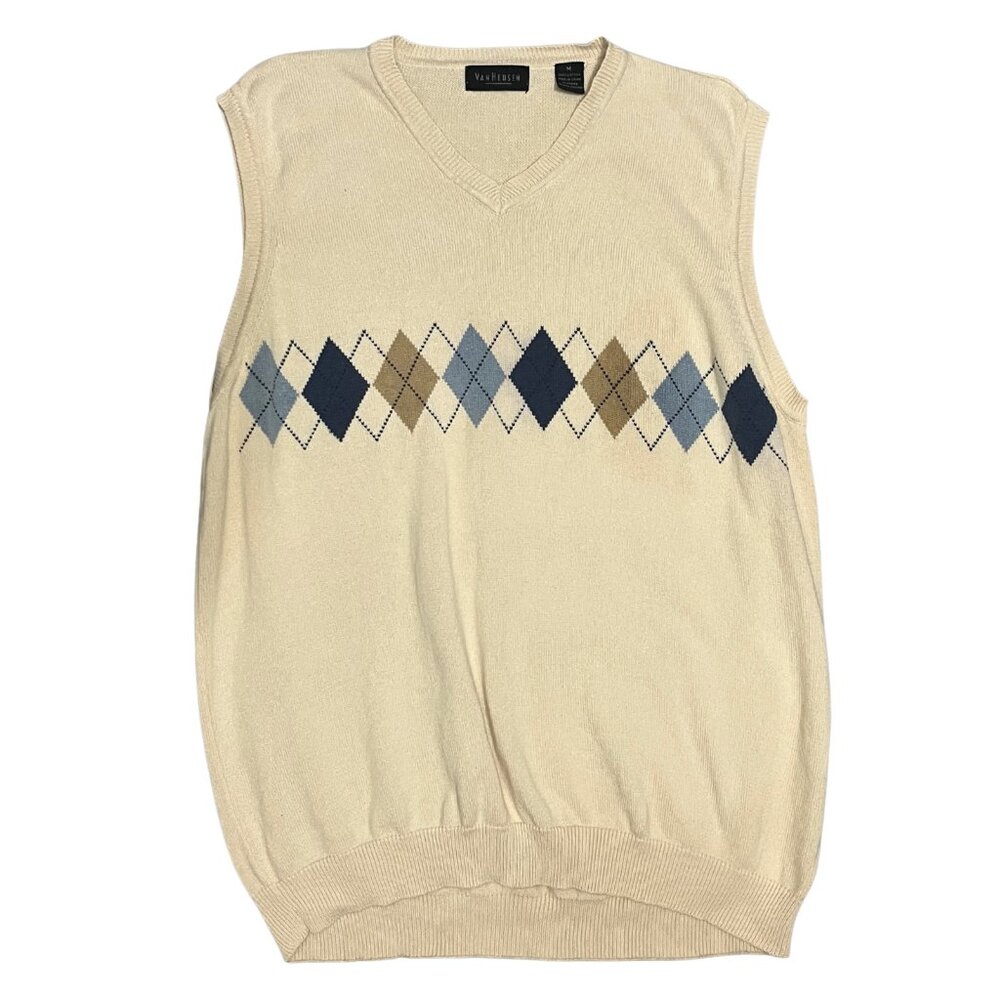 Van Heusen Argyle Sweater Vest Men's Size M Cream Blue Preppy Classic Cotton